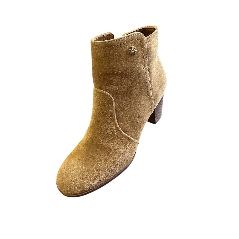 Tory Burch‎ Ankle Booties Womens 7.5 Tan Side Zip Block Heel Logo